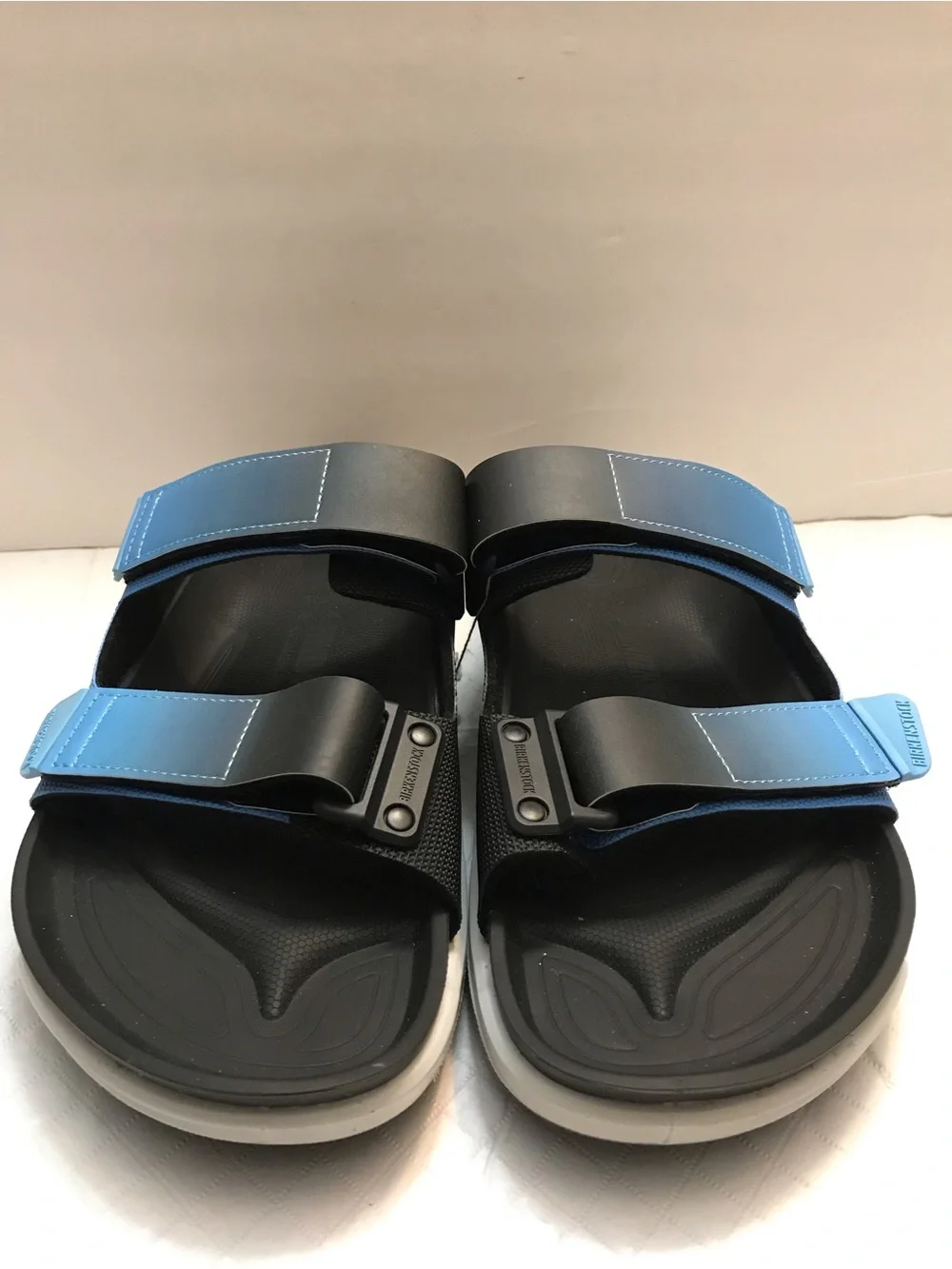 Birkenstock Light Blue and Black Dual-Strap Slides